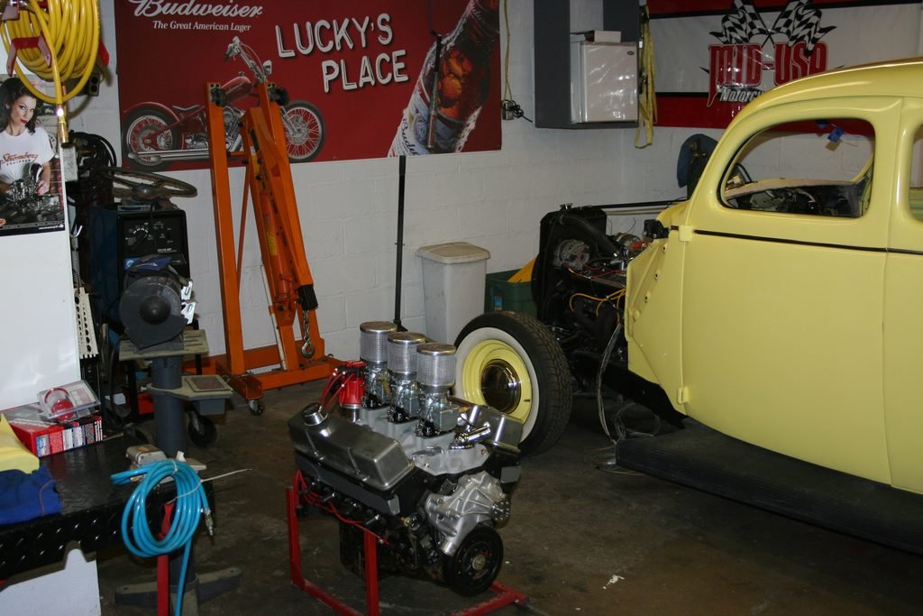1938 Ford Deluxe Coupe in shop
