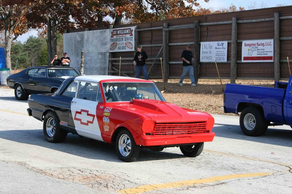 1962 Chevrolet Chevy II drag car in the staging lanes